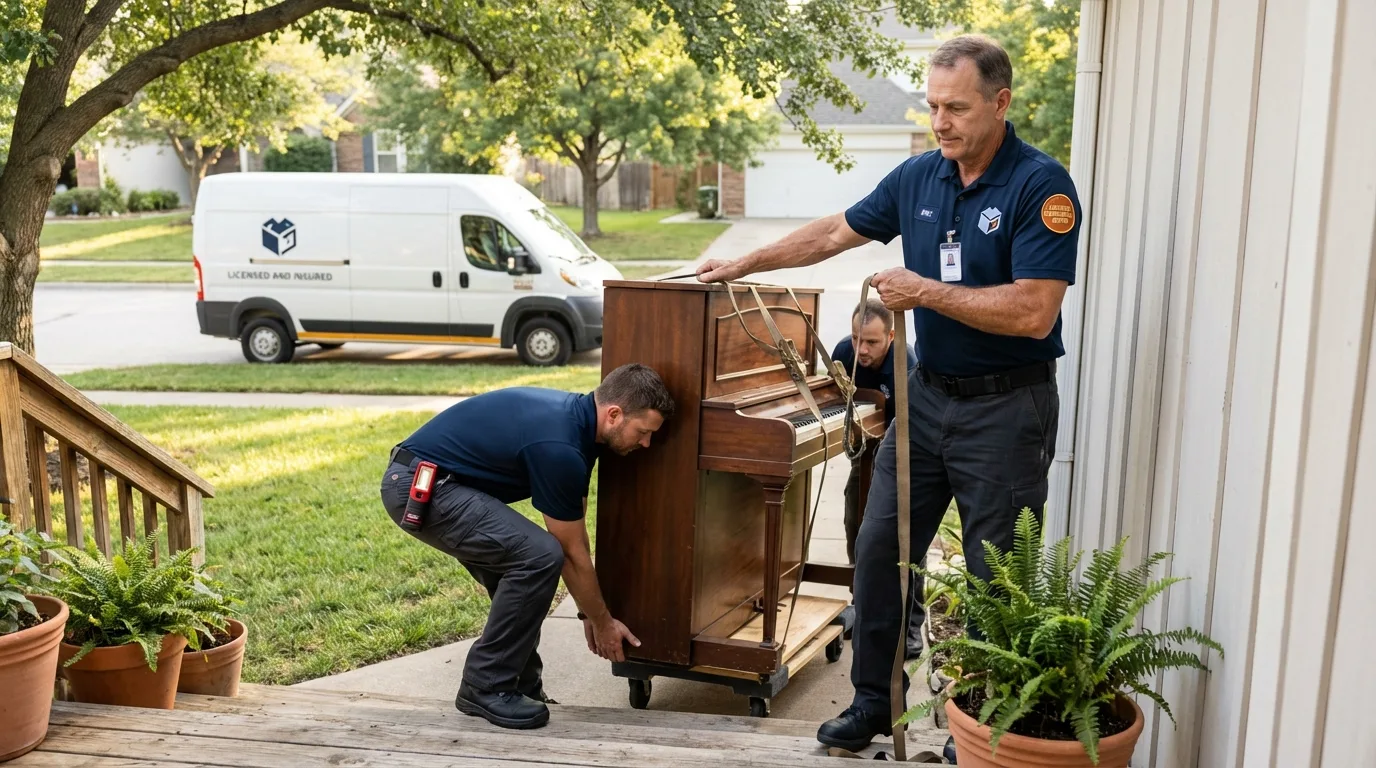 Licensed piano movers securing grand piano in West Milton, OH