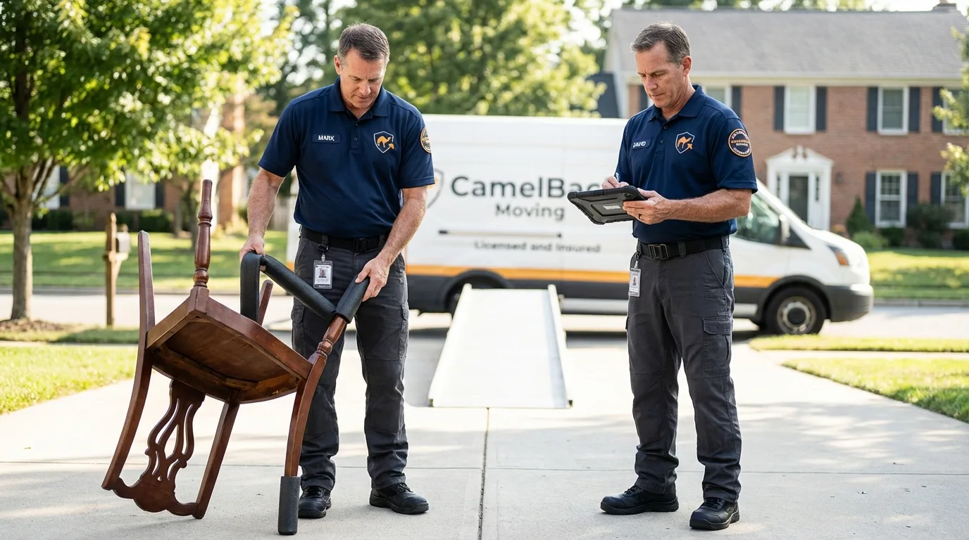Movers inspecting furniture for damage prevention before loading in West Milton, OH