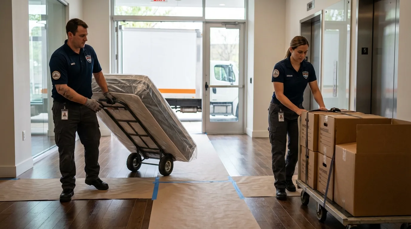 Professional apartment movers loading elevator in West Milton, OH