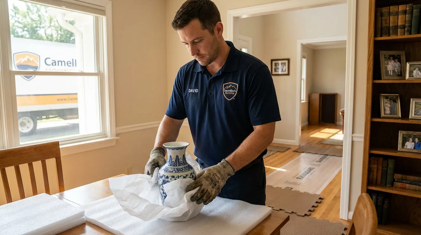 Professional crew carefully wrapping antique vase for senior downsizing move in West Milton, OH